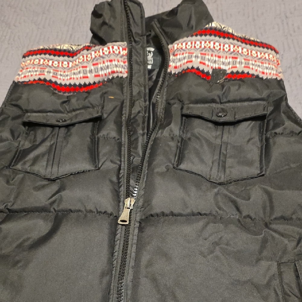 Black Puffer Vest with Red and Gray Accents